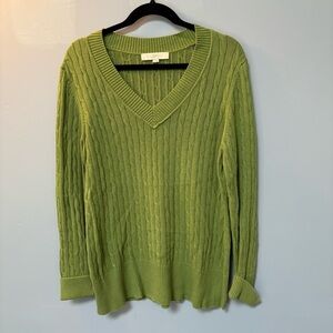 LOFT Women's Green Cable Knit V-Neck Sweater